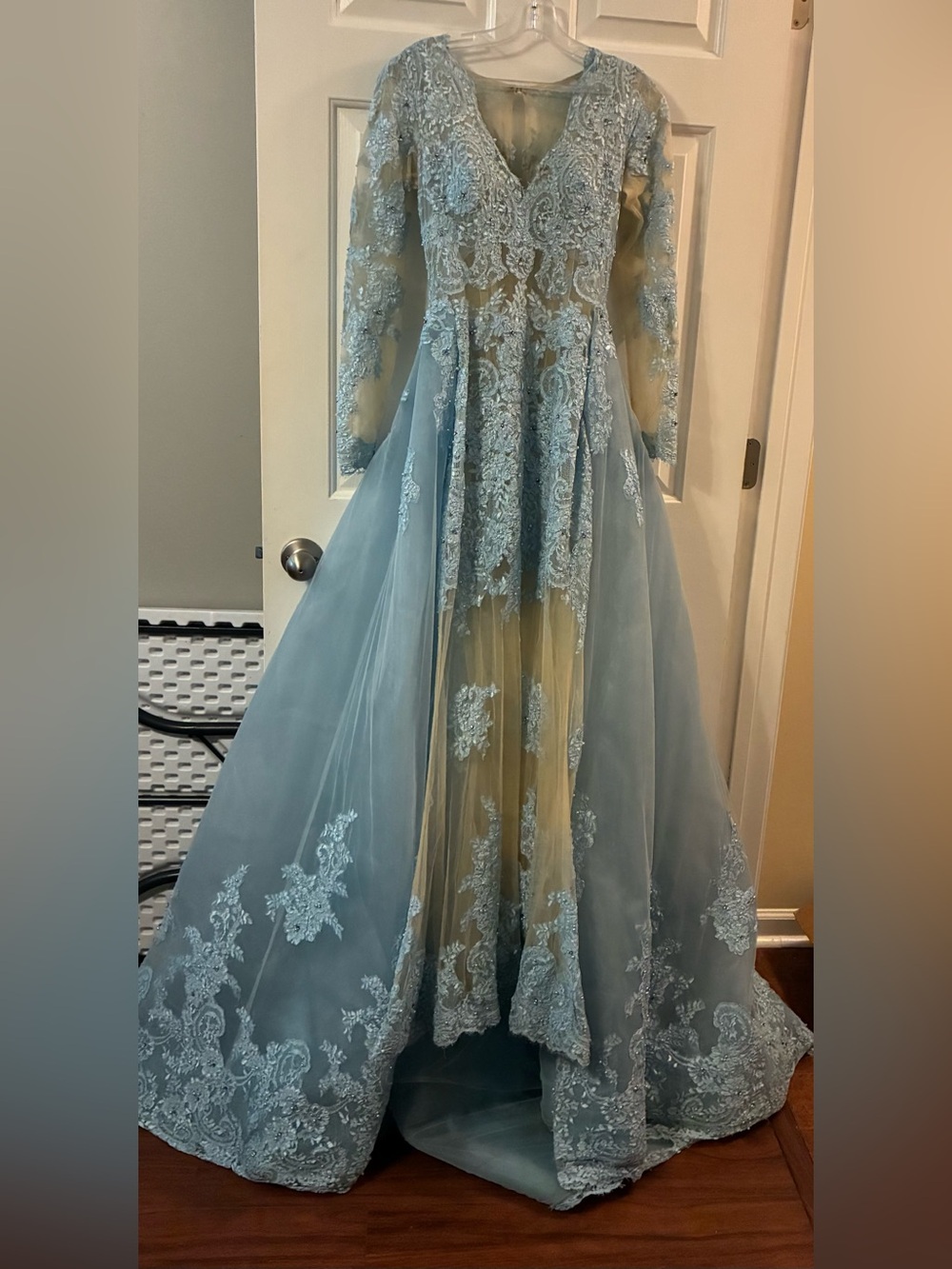 Sherri Hill Champagne and Baby Blue Lace & Mesh Evening Dress